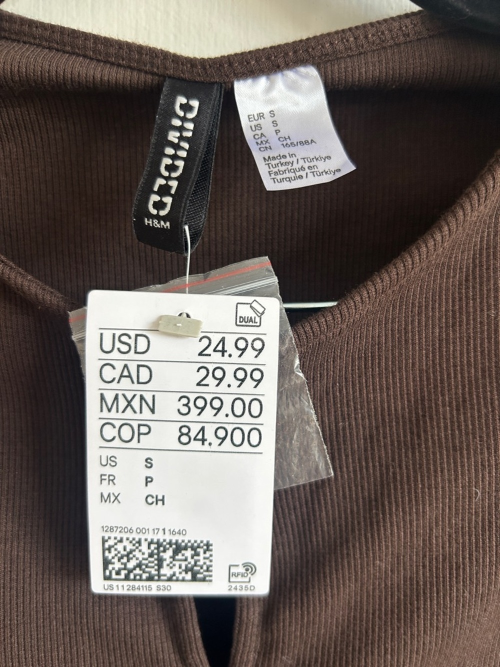 H&M Chocolate Brown Ribbed V-Neck Cropped Top - Picture 2 of 2